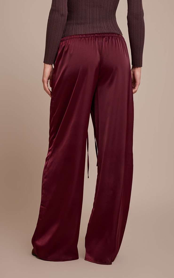 Burgundy Satin Low Rise Wide Leg Drawstring Pants image 3