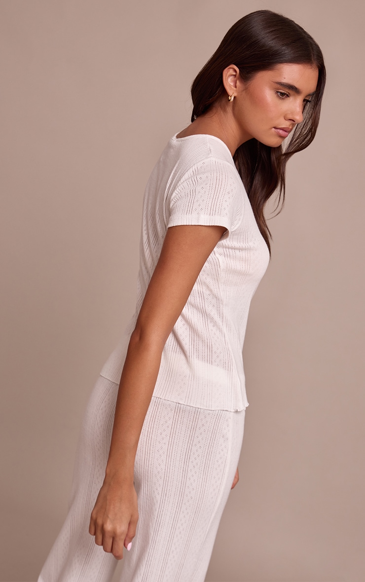 Cream Pointelle Fitted Longline T-Shirt image 2