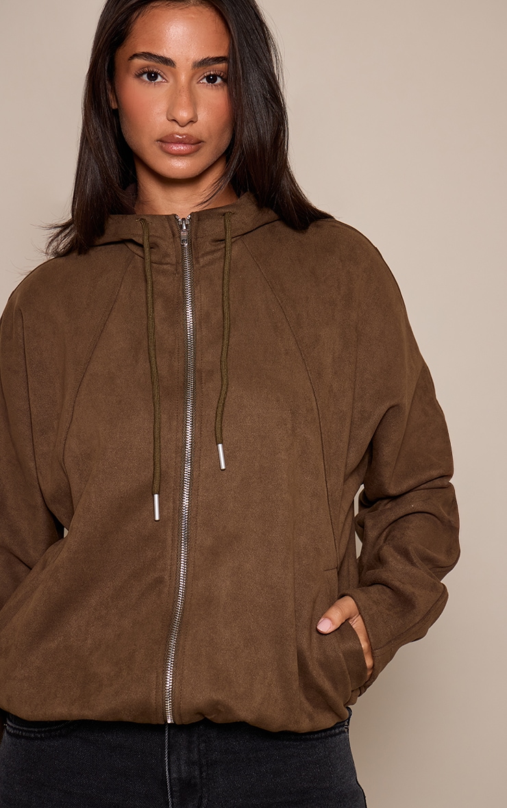 Petite Khaki Suede Hooded Zip Up Bomber Jacket image 4