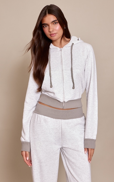 Grey Marl Contrast Detail Zip Up Fitted Jacket