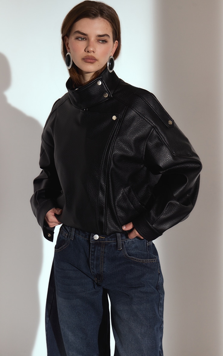 Black Funnel Neck Faux Leather Biker Jacket image 4