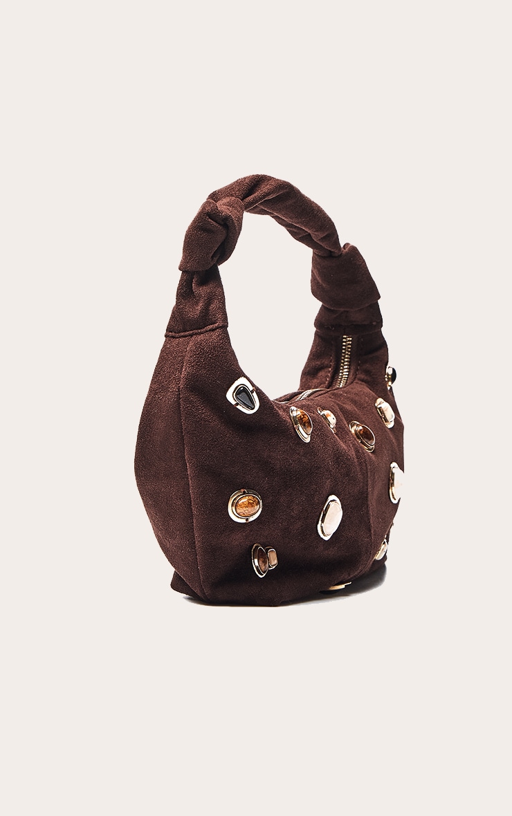 Sac à main dôme en suédine chocolat à clous image 3