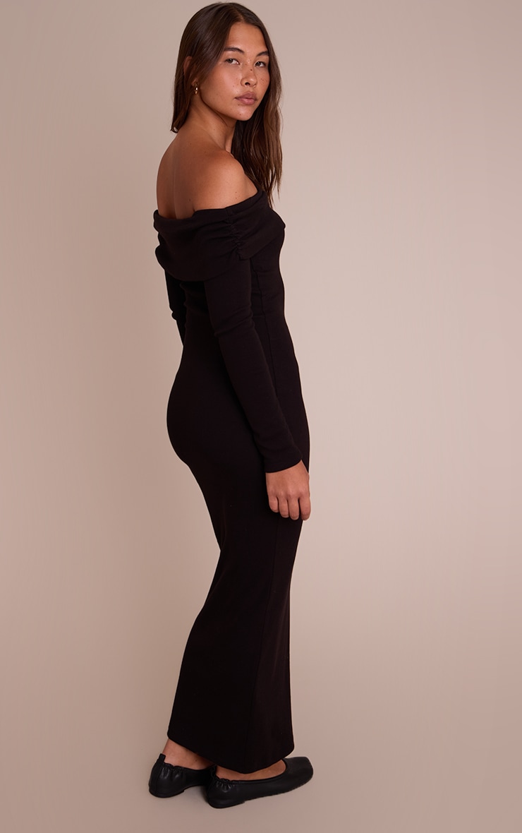Black Ribbed Fold Over Bardot Long Sleeve Maxi Dress image 2