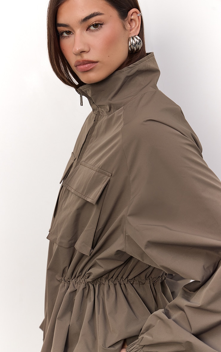 Khaki Cinch Waist Pocket Detail Rain Coat image 4