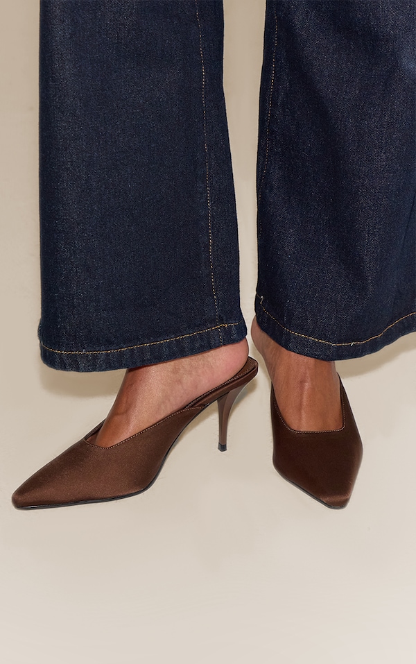 Chocolate Satin Squared Chiseled Toe Court Mules