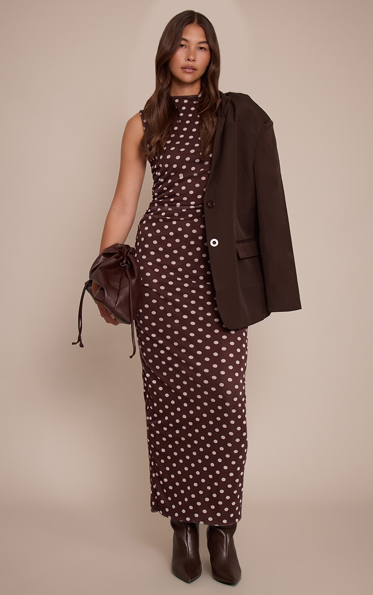 Brown Polka Dot Mesh Maxi Dress image 3
