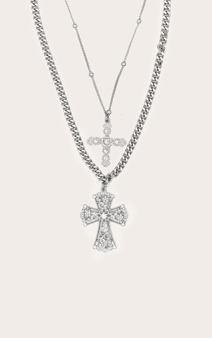 Silver Layered Cross Chunky Chain Necklace image 1