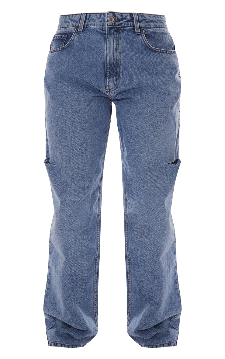 PRETTYLITTLETHING Mid Blue Wash Thigh Split Boyfriend Jeans image 5