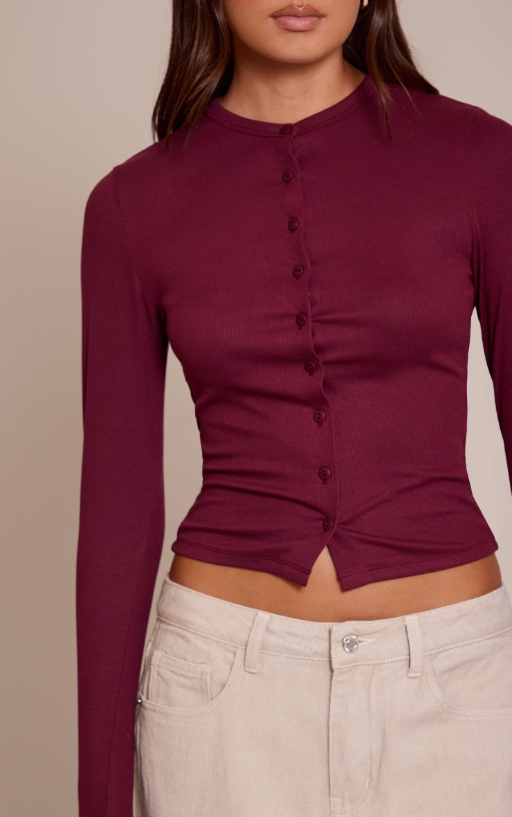 Wine Soft Rib Button Down Long Sleeve Top image 4