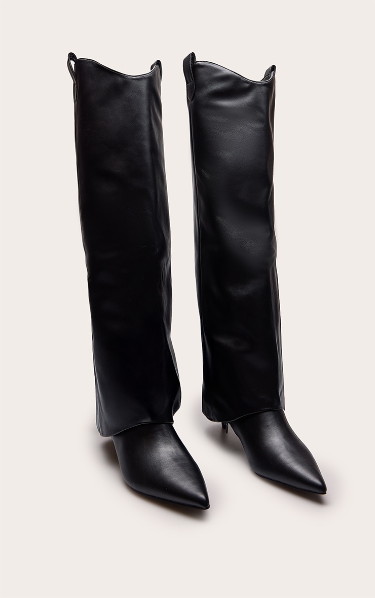 Black PU Heeled Fold Over Knee High Boot image 3