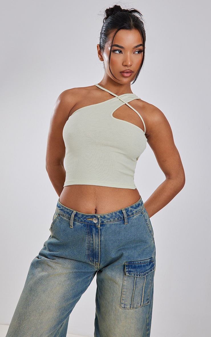 Sage Soft Rib Asymmetric Strap Detail Crop Top | PrettyLittleThing USA