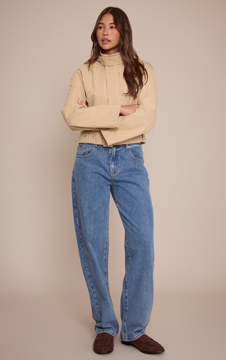 Beige Cropped Belted Biker Jacket image 3