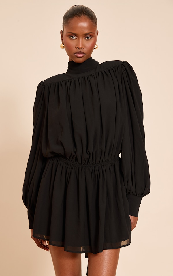 Black Structured Chiffon Long Sleeve Shift Dress