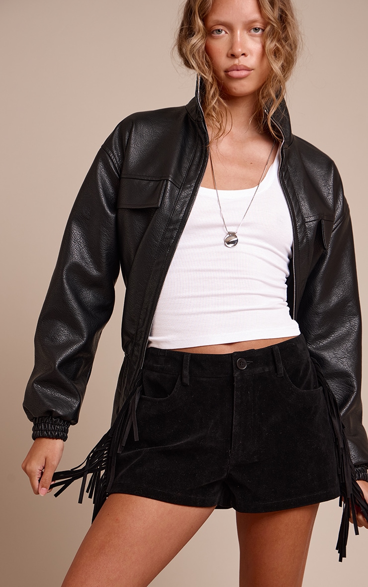 Black Faux Suede Fringe Hot Pants image 1