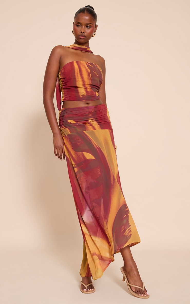 Multi Abstract Printed Chiffon Scarf Detail Ruched Bandeau Top image 3