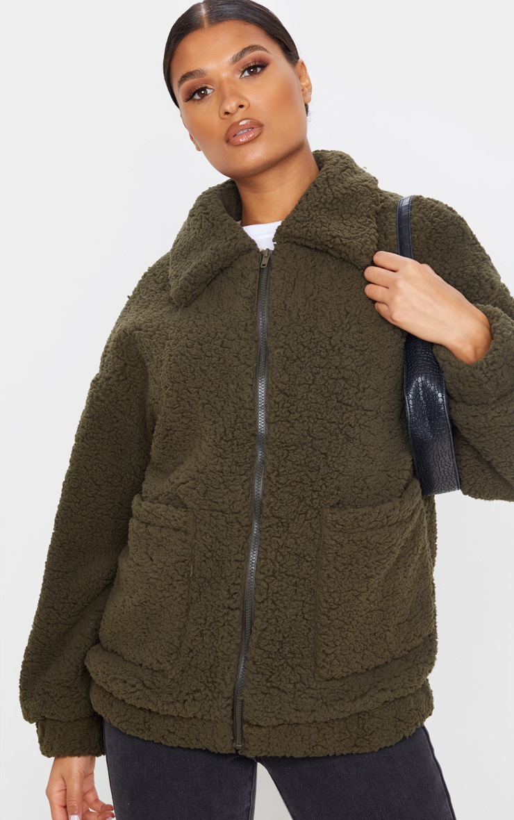 Khaki Soft Touch Borg Zip Through Jacket