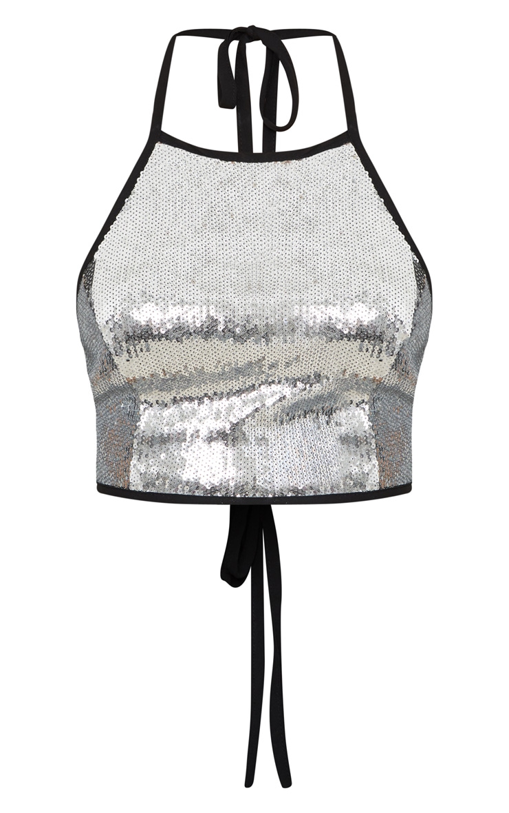 Petite Silver Sequin Halterneck Crop Top PrettyLittleThing