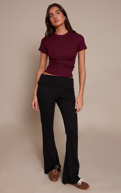 Black Cable Textured Jersey Fold Over Flared Pant