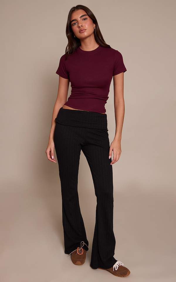 Black Cable Textured Jersey Fold Over Flared Pant