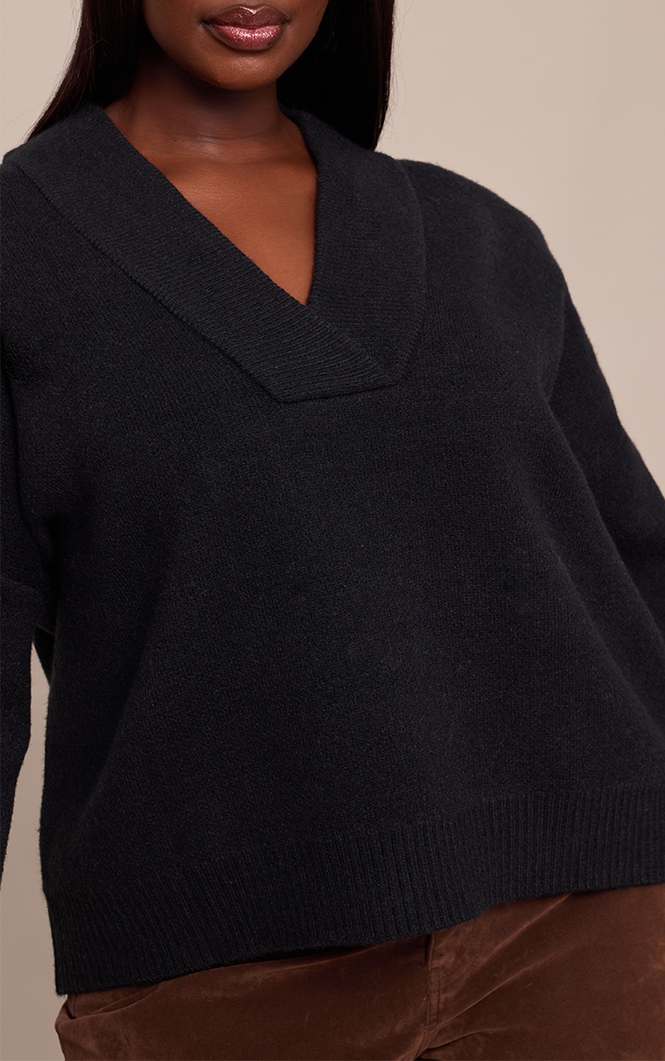 Plus Black Contrast Collar Deep V Neck Slouchy Sweater image 4