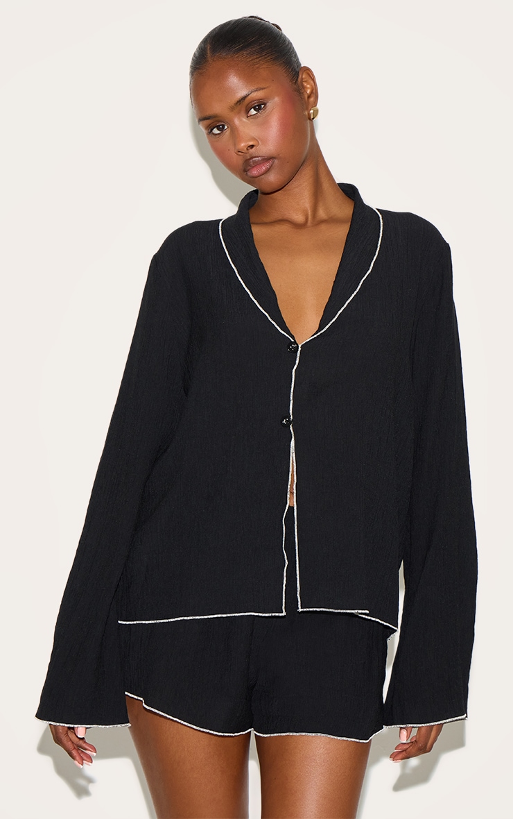 Black Linen Look Textured Contrast Trim Floaty Shorts image 1