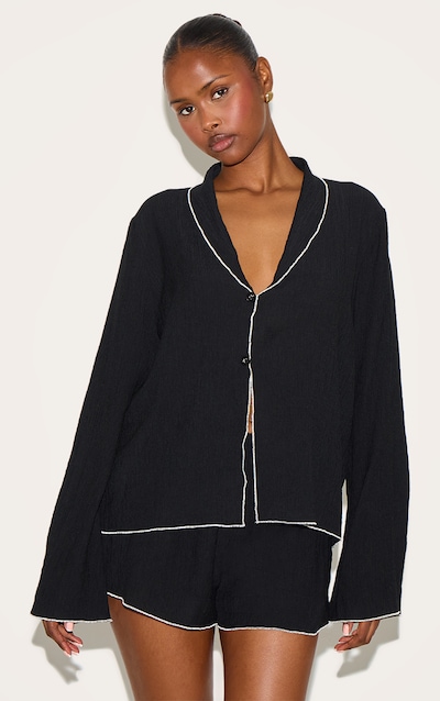 Black Linen Look Textured Contrast Trim Floaty Shorts