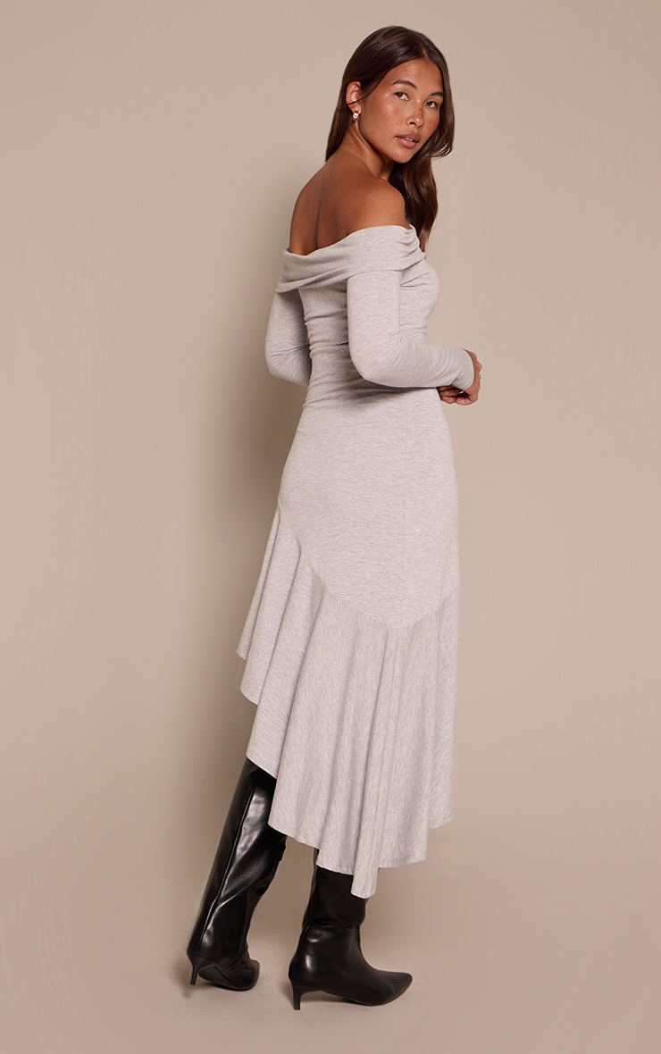 Grey Soft Jersey Bardot Asymmetric Hem Midaxi Dress image 2