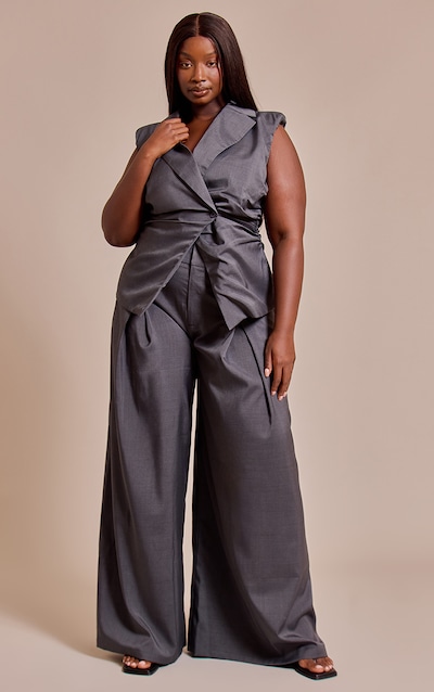 Plus Pantalon large bleu marine plissé à taille haute