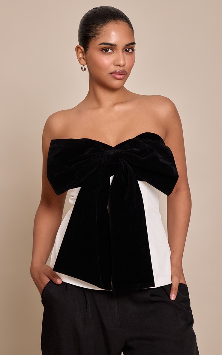 Petite Black Velour Contrast Bow Bandeau Top image 1
