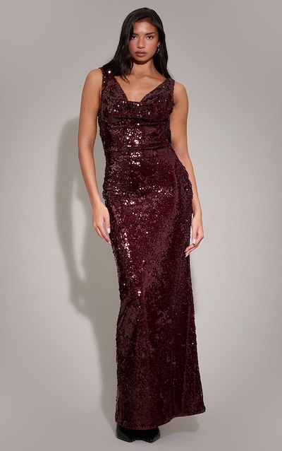 Wine Sequin Cowl Maxi Dress
