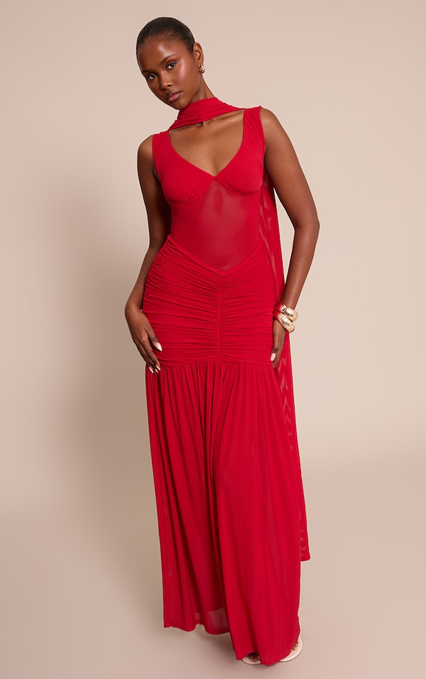 Red Mesh Scarf Detail Maxi Dress