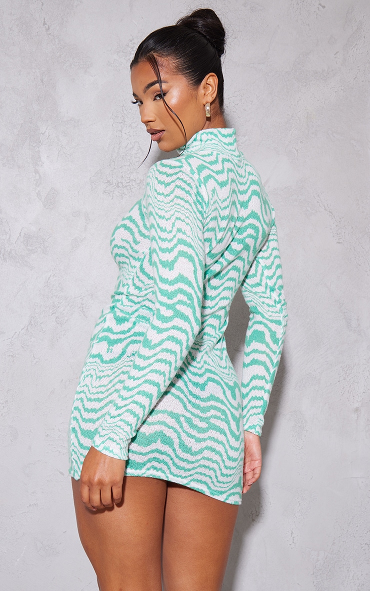 Bright Green Abstract Print Brushed Roll Neck Shift Dress image 2