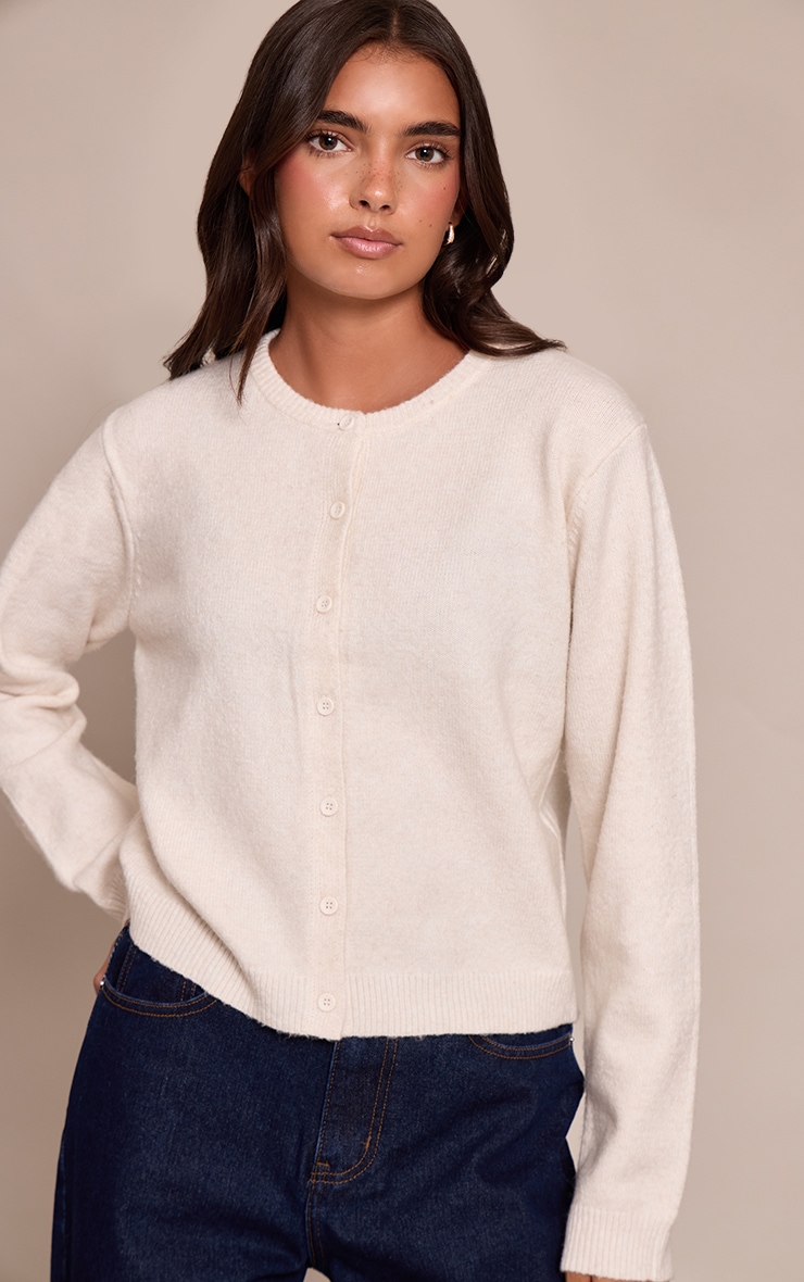 Cream Round Neck Knit Cardigan image 4