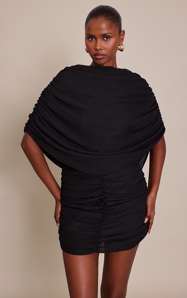 Black Chiffon Overlay Detail Ruched Mini Dress image 1