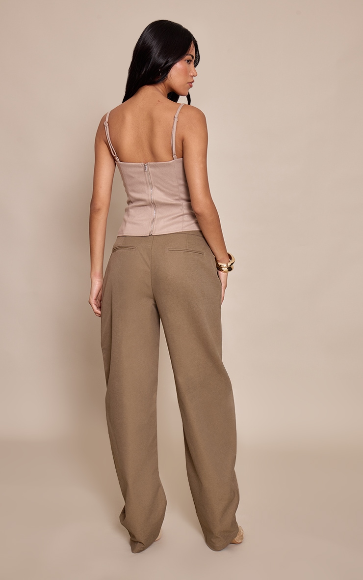 Khaki Woven Button Barrel Leg Pants image 3