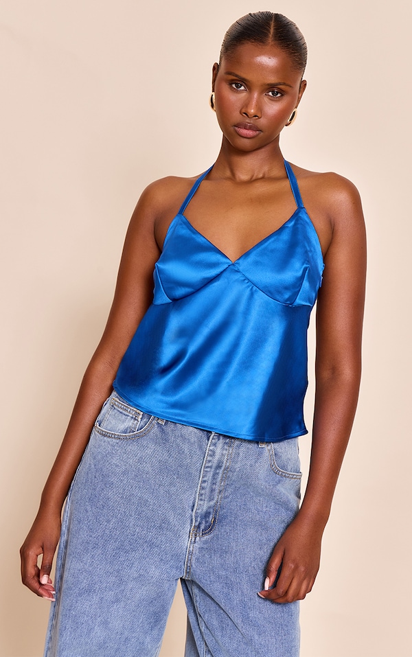  Cobalt Satin Halter Neck Top