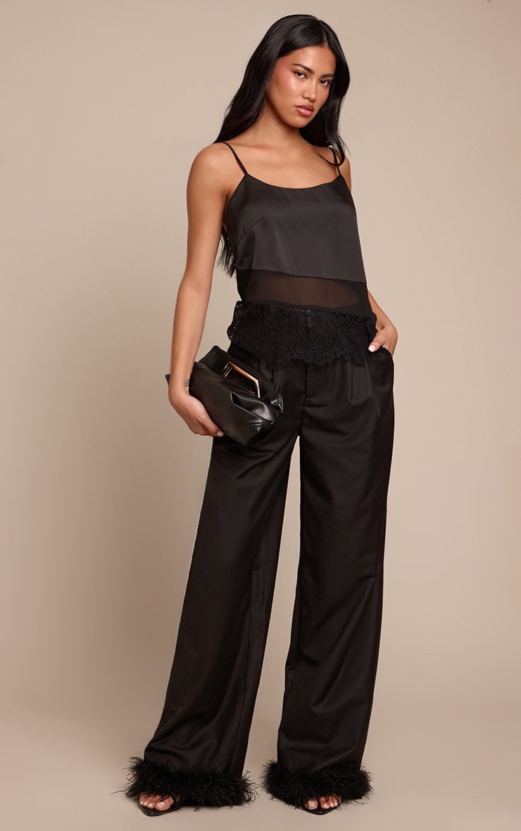 Black Panelled Asymmetric Satin Lace Cami