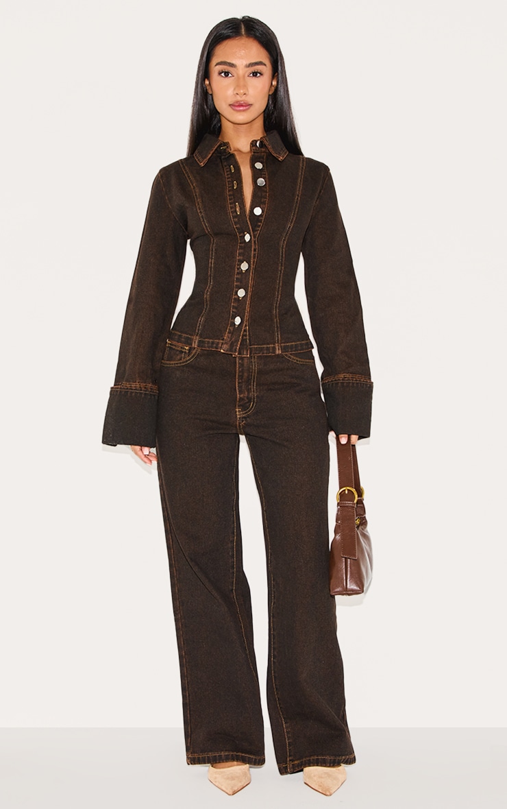 Petite Brown Long Sleeve Fitted Denim Shirt image 3