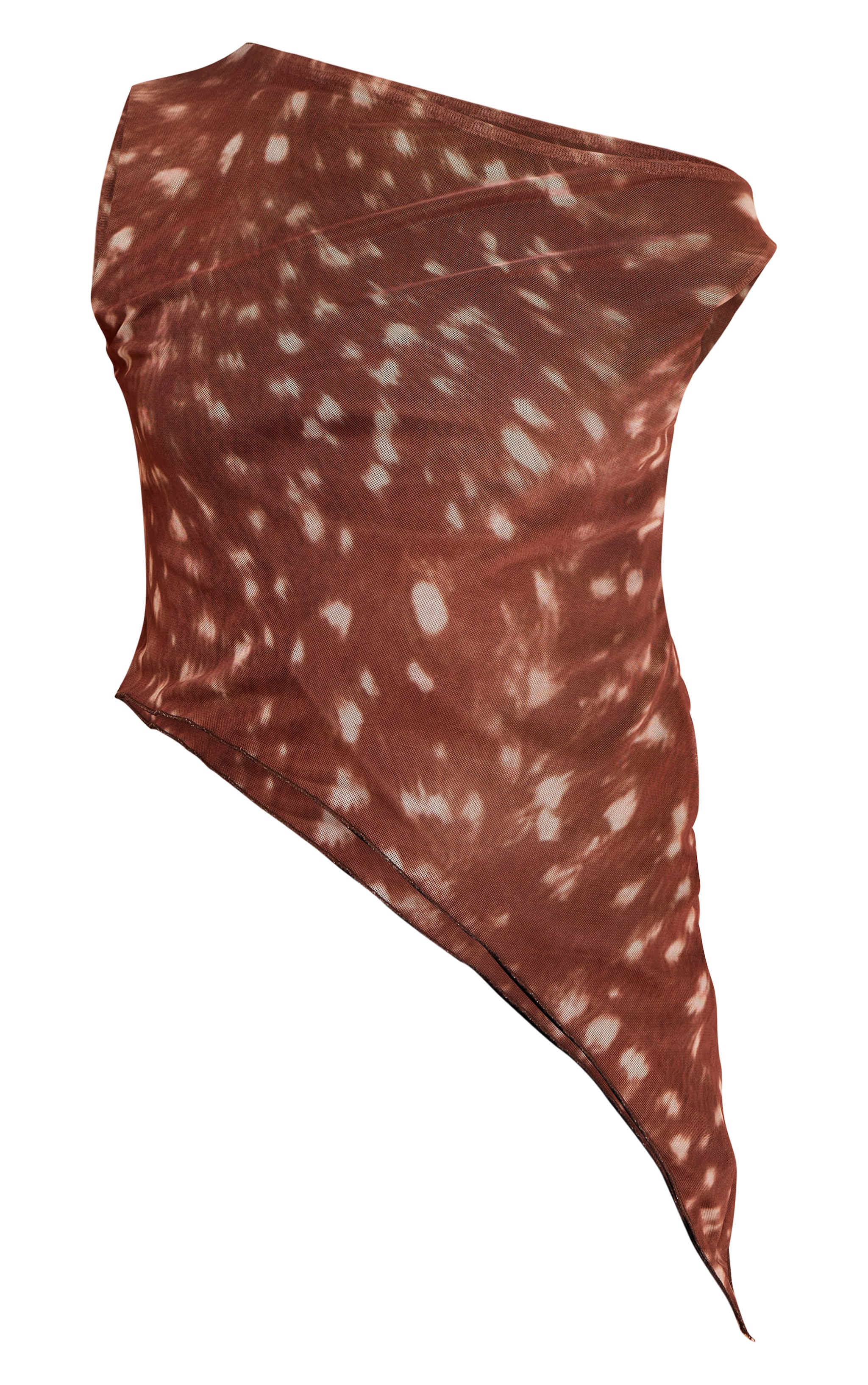 Brown Deer Print Asymmetric Neck Mesh Top image 5