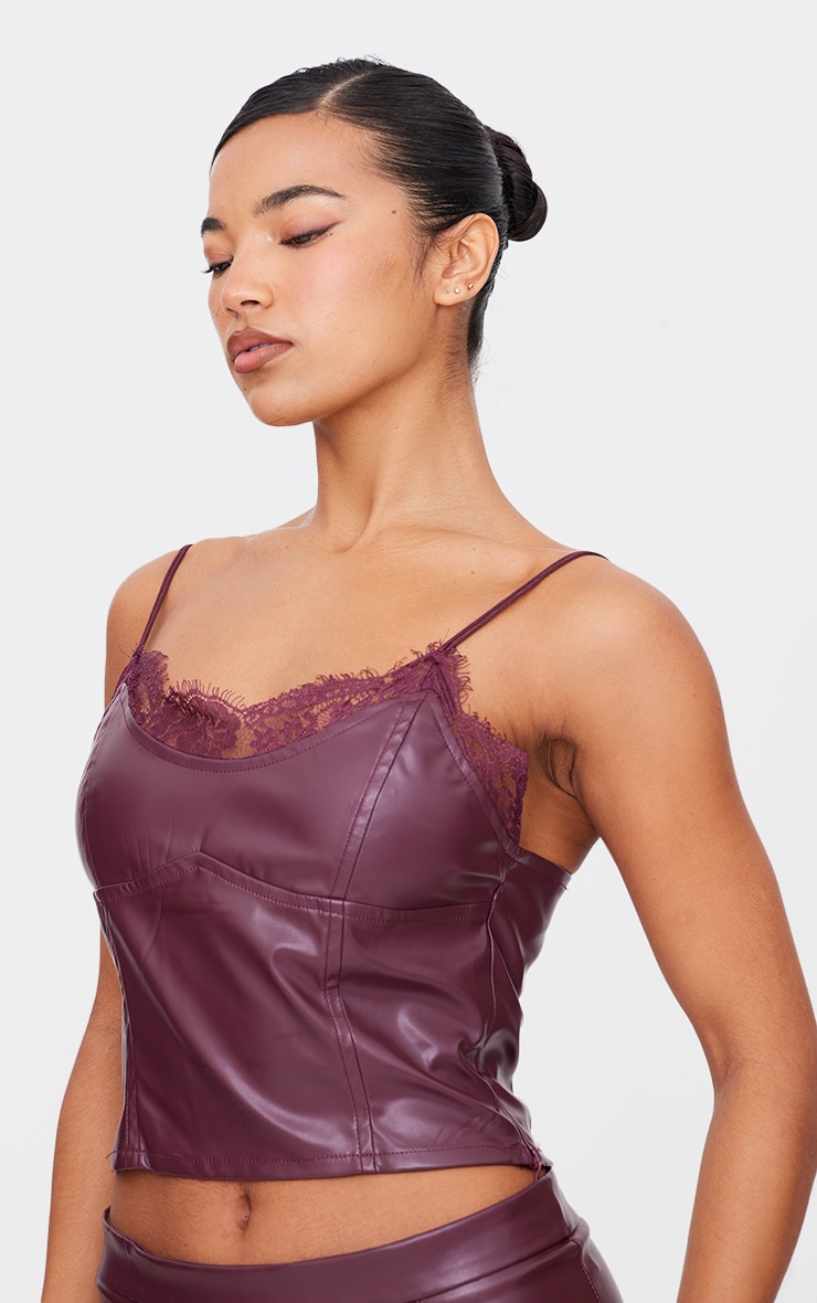 Burgundy Matte Faux Leather Lace Trim Cami Top image 4