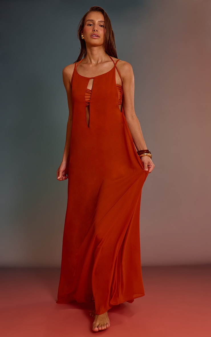 Robe de plage trapèze longue en mousseline de soie rouille à col bateau image 1