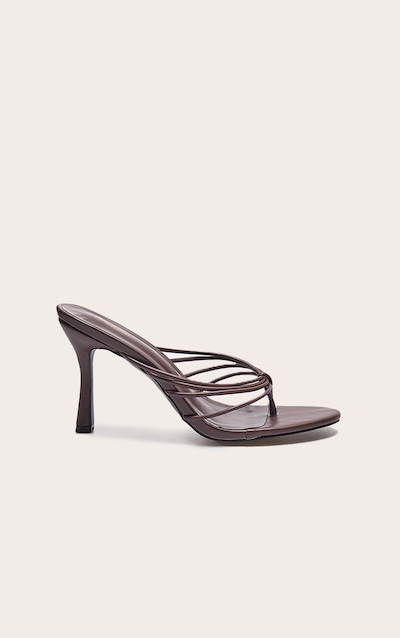 Mules rondes style tongs en PU chocolat à brides et talon moyen