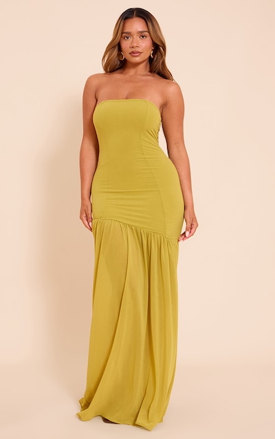Shape Olive Bandeau Asymetrical Sheer Hem Maxi Dress