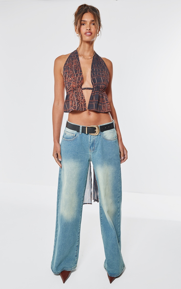 Brown Chiffon Printed Plunge Backless Long Top image 3