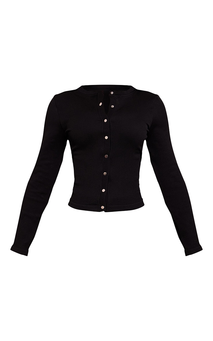 Petite Black Snatched Rib Long Sleeve Button Up Long Top image 5