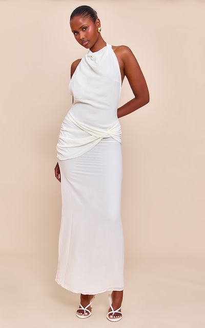 Robe longue en mousseline de soie crème à détail torsadé