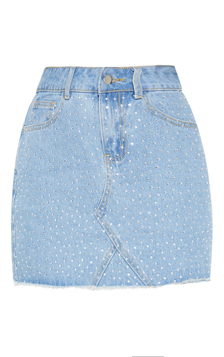 Light Wash Diamante Denim Skirt Denim PrettyLittleThing
