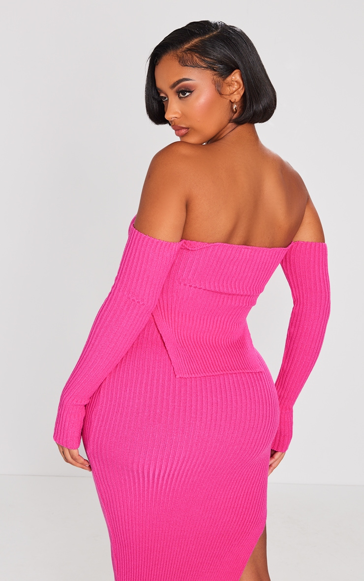 Shape Bright Pink Knit Bardot Split Side Detail Top image 2