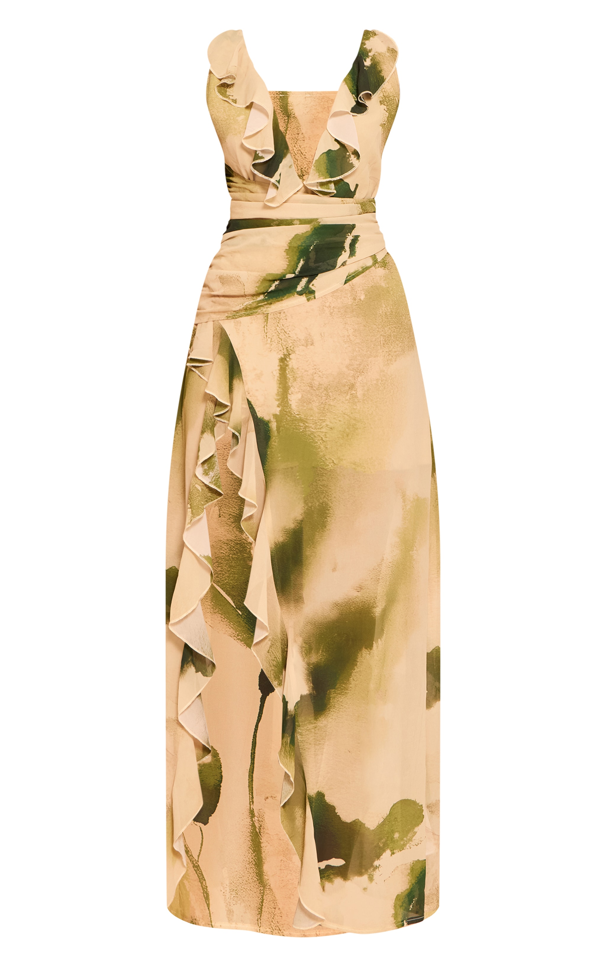 Green Floral Chiffon Frill Plunge Strappy Maxi Dress image 5