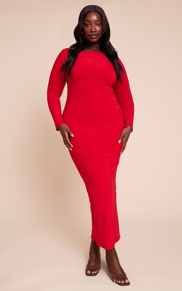 Plus Robe longue rouge profond à dos rond et manches longues image 2